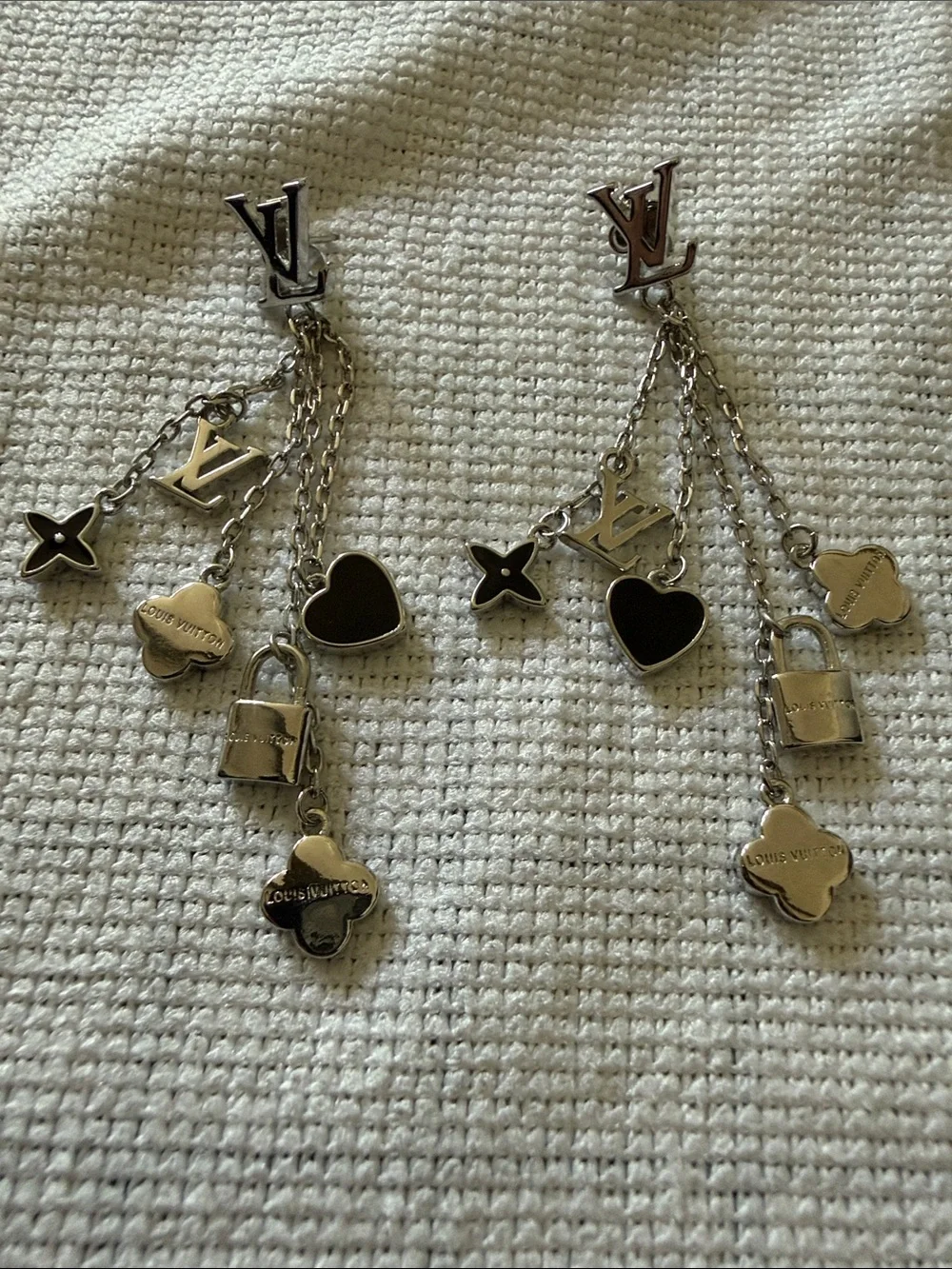 Louis Vuitton Monogram Sweet Black Enamel Silver Charm Dangle Drop Earrings